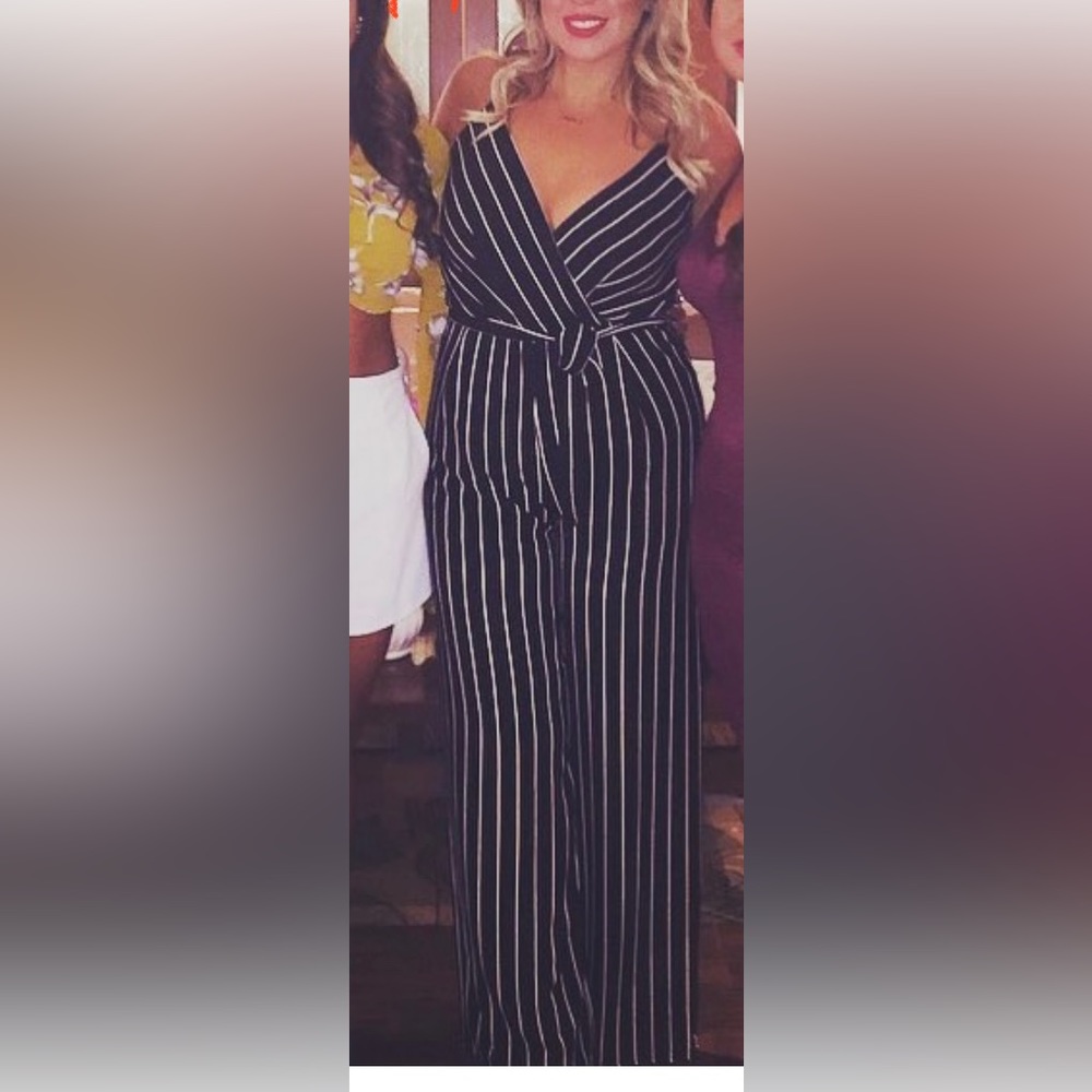black stripe wide leg jumpsuit. Some stretch. Size Large